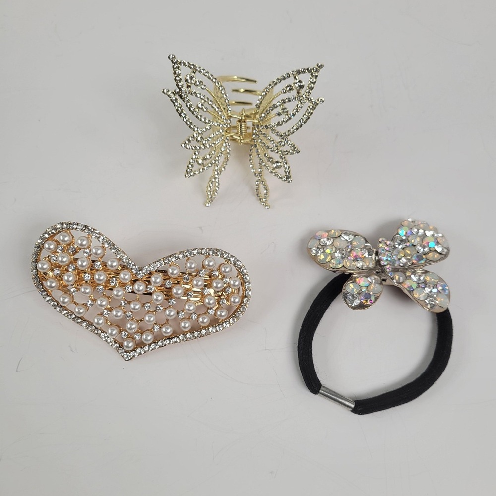 Hair Clips Womens Multicolor Rhinestone‎ Butterfly Heart Set Of 3 Accessories